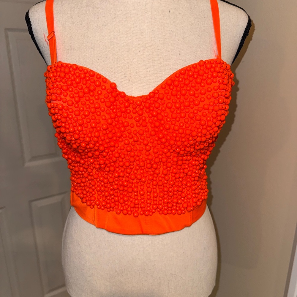 Women's Orange Beaded Bustier Crop Top